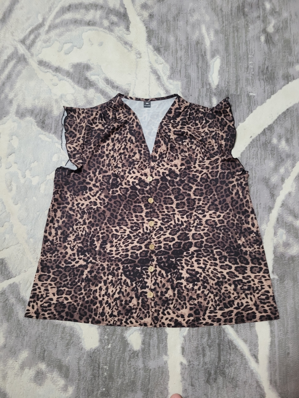 Leopard Print Button-Front Flutter Sleeve Top - Brown Size XL